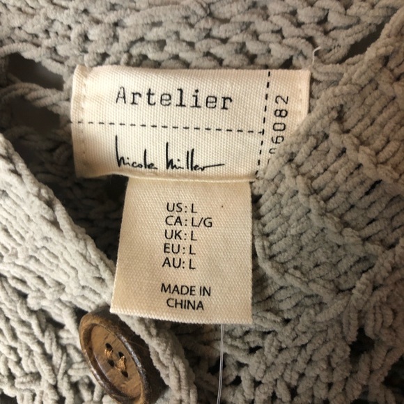 NWT! Nicole Miller Artelier Crochet Knit Button Front Taupe L Cardigan Boho Chic - Picture 5 of 7